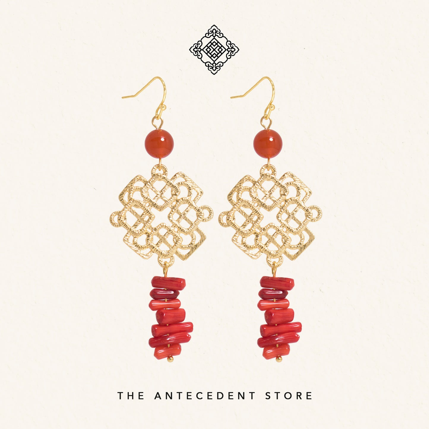 Oriental Motif With Red Agate Crystal Earrings - 14K Real Gold Plated Jewelry