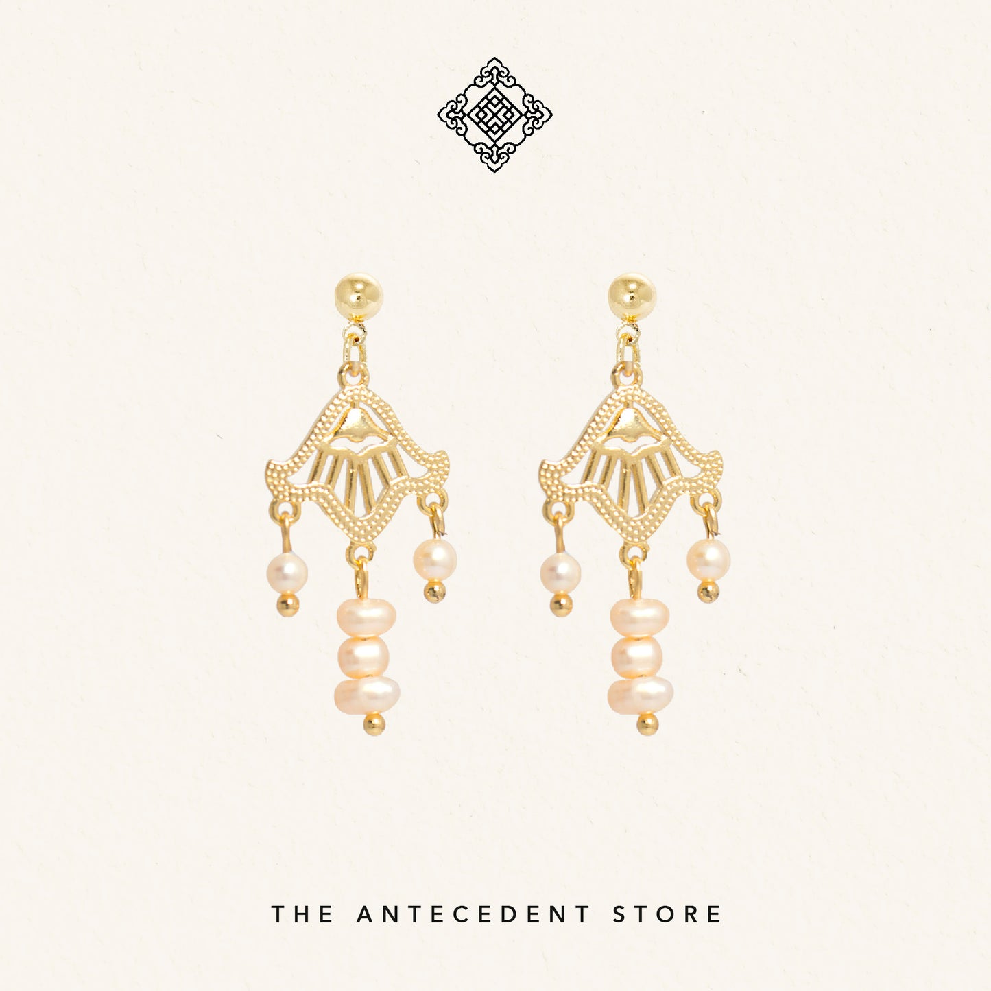 Oriental Motif Earrings With Freshwater Pearls - 14K Real Gold Plated Jewelry