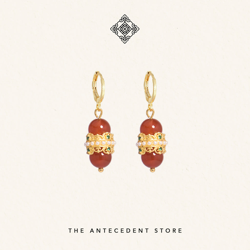 Oriental Motif With Red Agate Crystal Earrings - 14K Real Gold Plated Jewelry