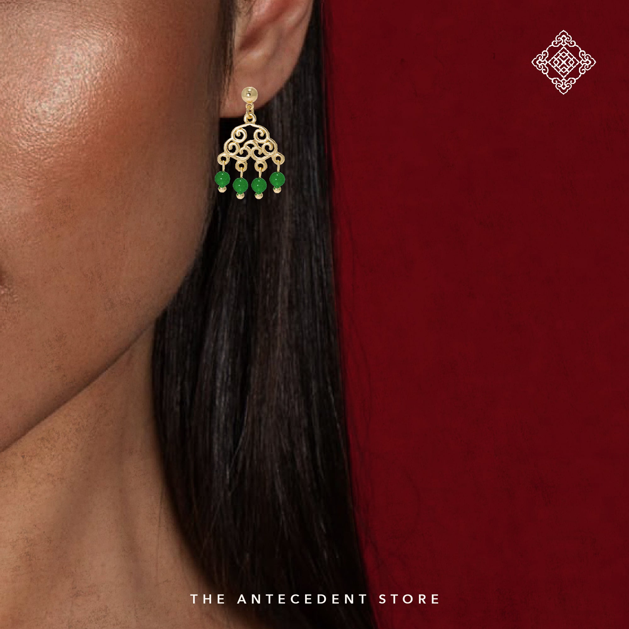 Oriental Motif Earrings With Green Chalcedony Crystals - 14K Real Gold Plated Jewelry