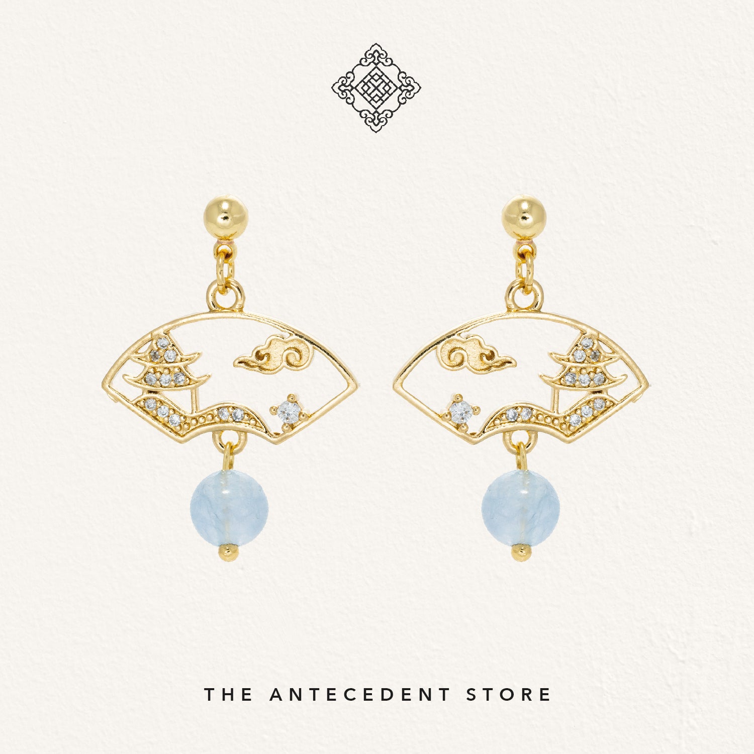 Oriental Motif Earrings With Aquamarine - 14K Real Gold Plated Jewelry