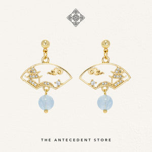 Oriental Motif Earrings With Aquamarine - 14K Real Gold Plated Jewelry