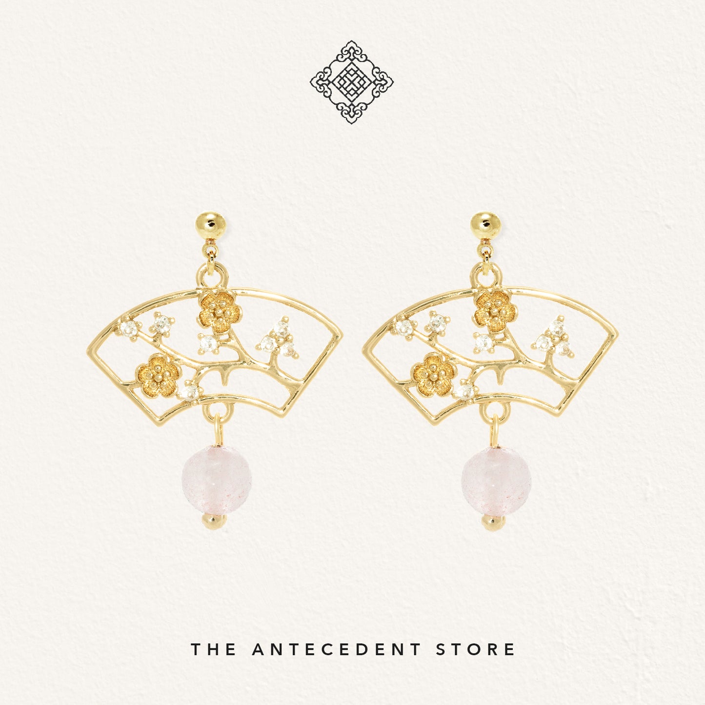 Cherry Blossom Earrings With Rose Quartz - 14K Real Gold Plated Jewelry