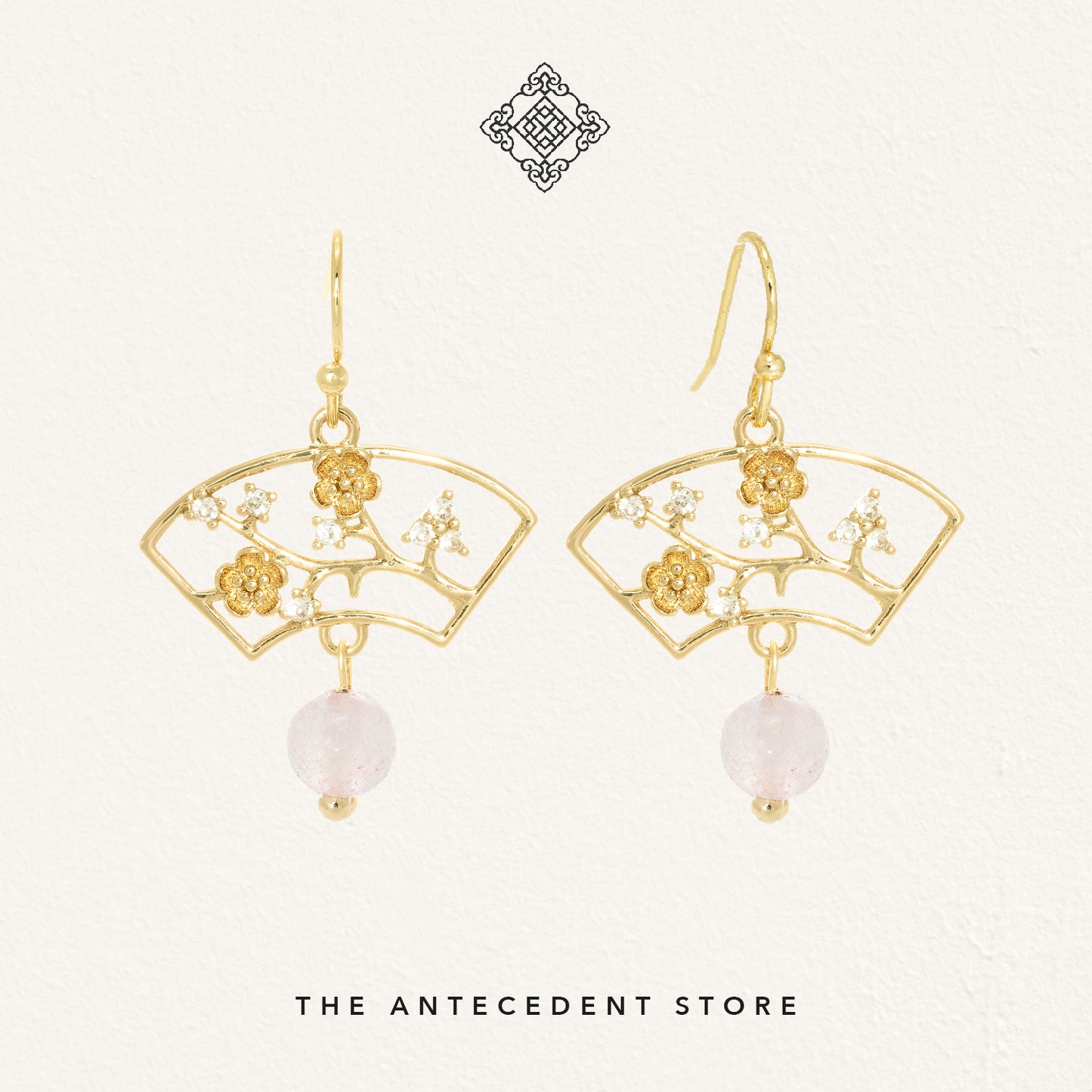 Cherry Blossom Earrings With Rose Quartz - 14K Real Gold Plated Jewelry