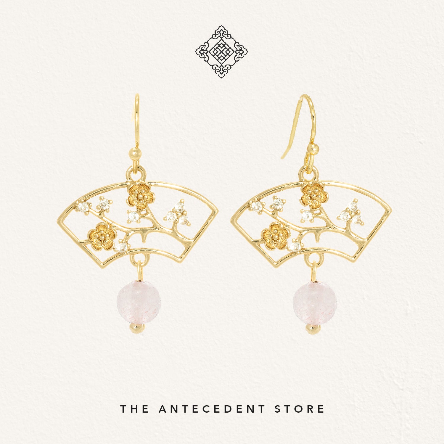 Cherry Blossom Earrings With Rose Quartz - 14K Real Gold Plated Jewelry