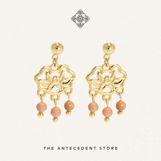 【如意锁】Longevity Lock Earrings With Pink Chalcedony - 14K Real Gold Plated Jewelry
