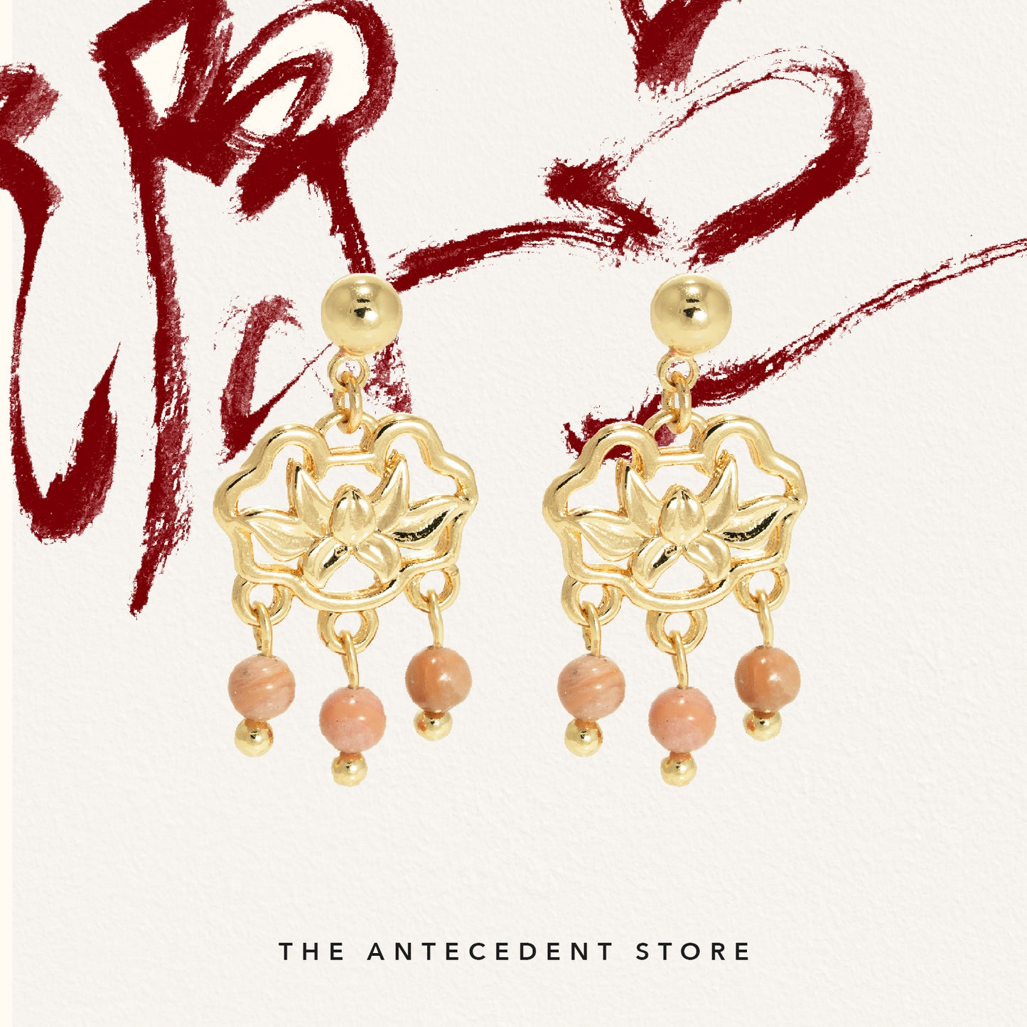 【如意锁】Longevity Lock Earrings With Pink Chalcedony - 14K Real Gold Plated Jewelry