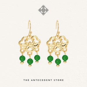 【如意锁】Longevity Lock Earrings With Green Chalcedony - 14K Real Gold Plated Jewelry