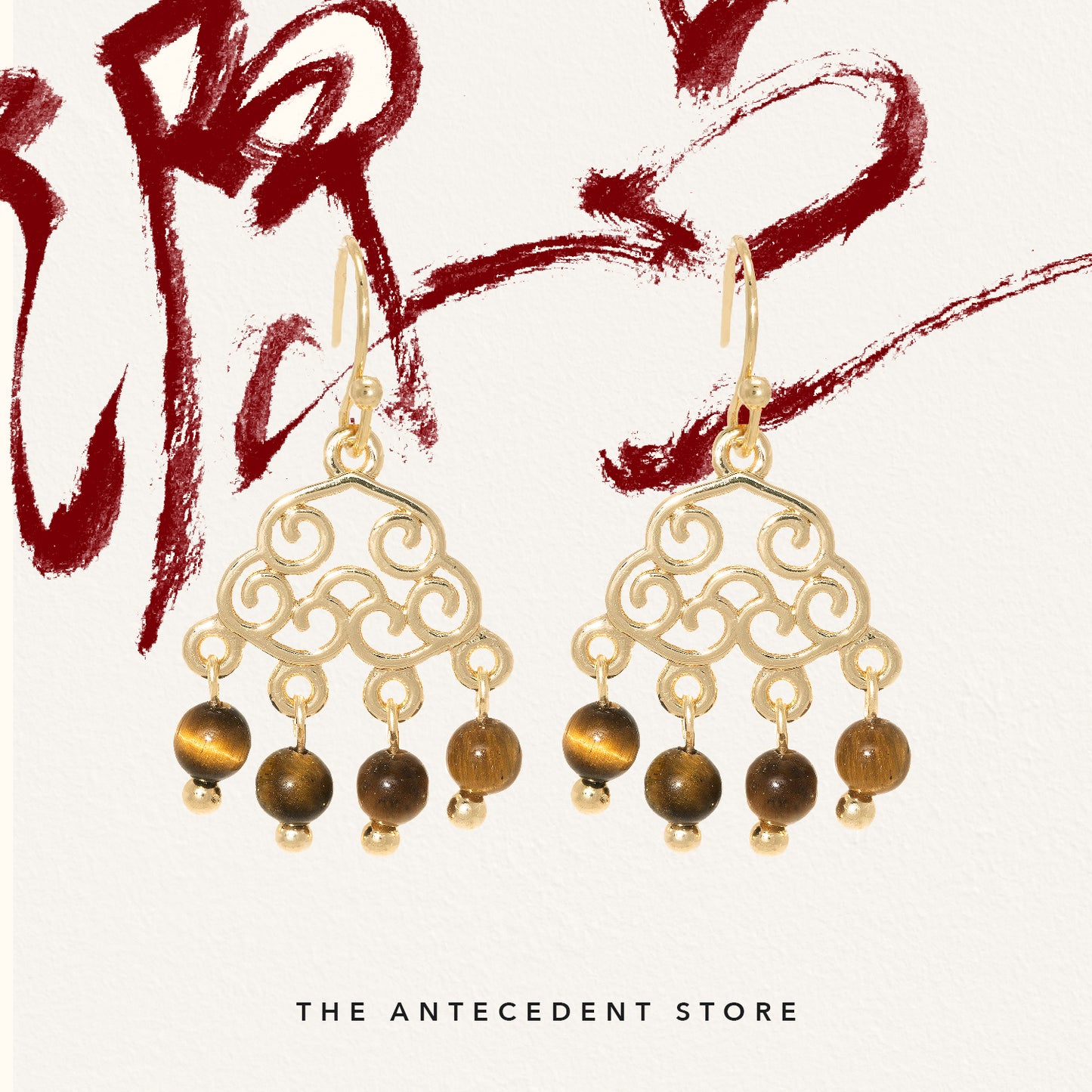 Oriental Motif Earrings With Tiger Eye Crystal - 14K Real Gold Plated Jewelry