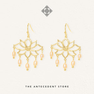 【 莲花 】Lotus Flower Freshwater Pearl Earrings - 14K Real Gold Plated Jewelry