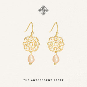 Oriental Motif Earrings With Freshwater Pearls (Peach Pearls) - 14K Real Gold Plated Jewelry