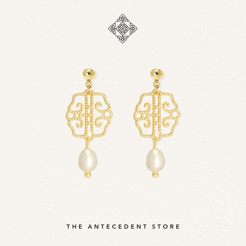 Oriental Motif Earrings With Freshwater Pearls (White Pearls) - 14K Real Gold Plated Jewelry