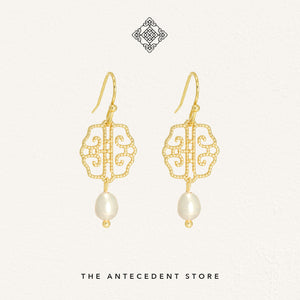 Oriental Motif Earrings With Freshwater Pearls (White Pearls) - 14K Real Gold Plated Jewelry