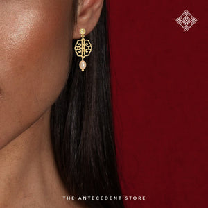 Oriental Motif Earrings With Freshwater Pearls (Peach Pearls) - 14K Real Gold Plated Jewelry