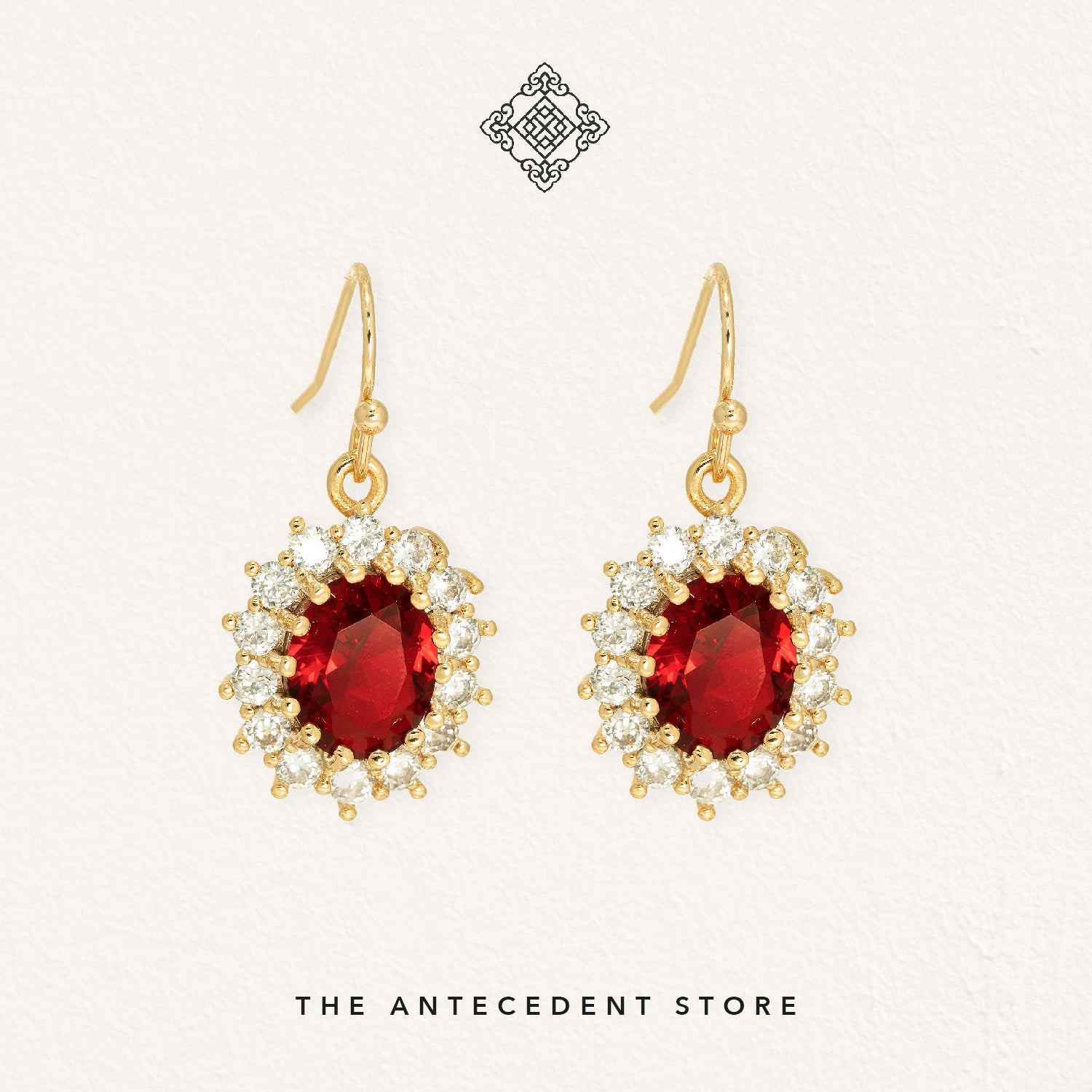 Red Ruby Earrings with Cubic Zirconia Crystals - 14K Real Gold Plated Jewelry