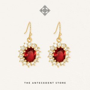 Red Ruby Earrings with Cubic Zirconia Crystals - 14K Real Gold Plated Jewelry