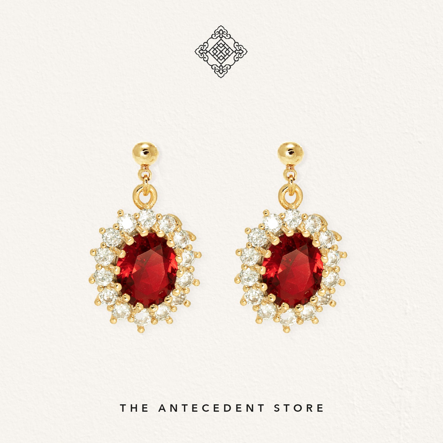 Red Ruby Earrings with Cubic Zirconia Crystals - 14K Real Gold Plated Jewelry