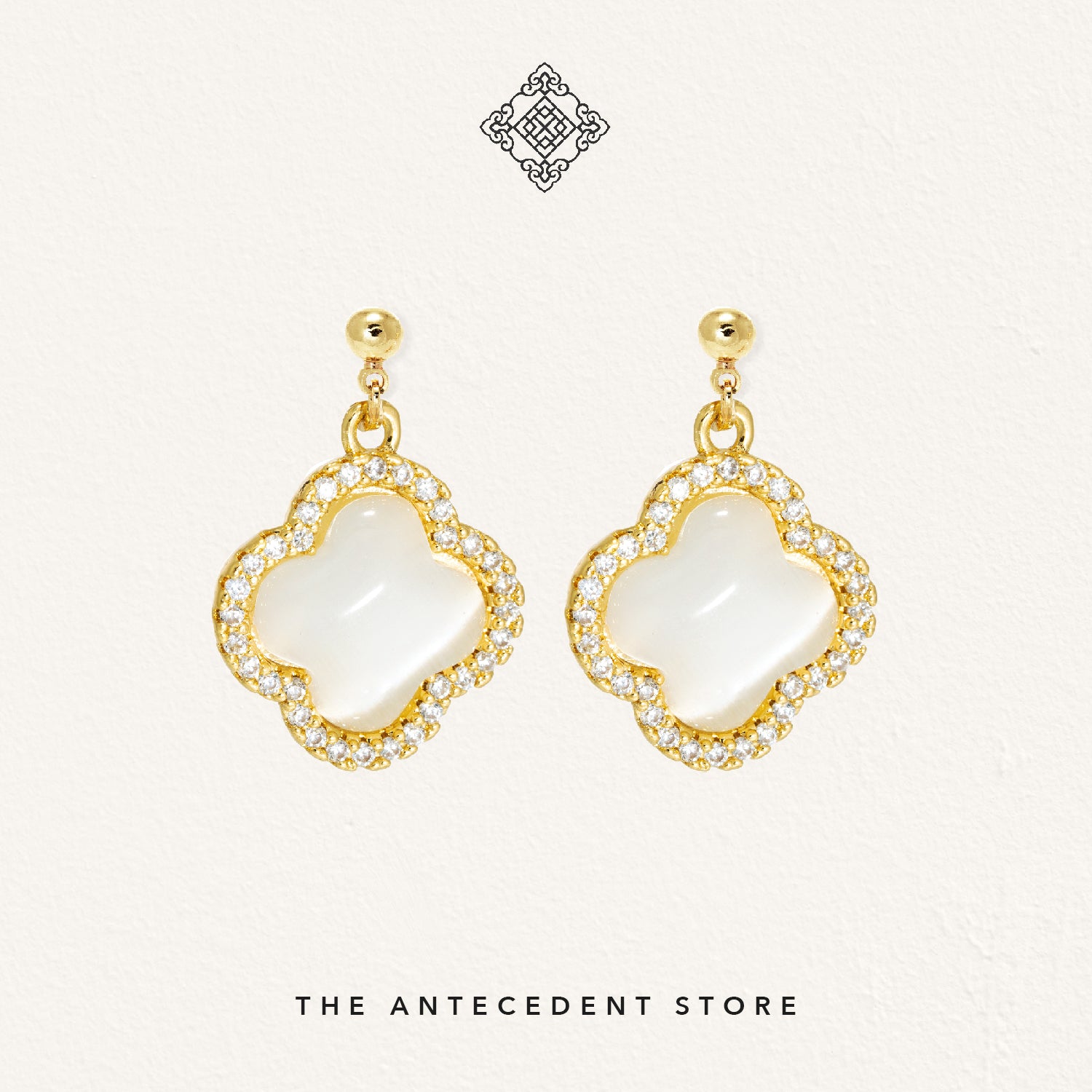 White Cat Eye Stone With Cubic Zirconia Crystals Earrings - 14K Real Gold Plated Jewellery