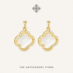 White Cat Eye Stone With Cubic Zirconia Crystals Earrings - 14K Real Gold Plated Jewellery