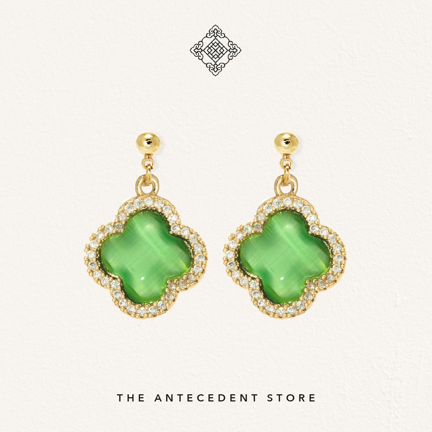 Green Cat Eye Stone With Cubic Zirconia Crystals Earrings - 14K Real Gold Plated Jewellery