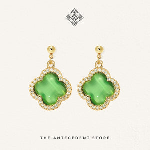 Green Cat Eye Stone With Cubic Zirconia Crystals Earrings - 14K Real Gold Plated Jewellery