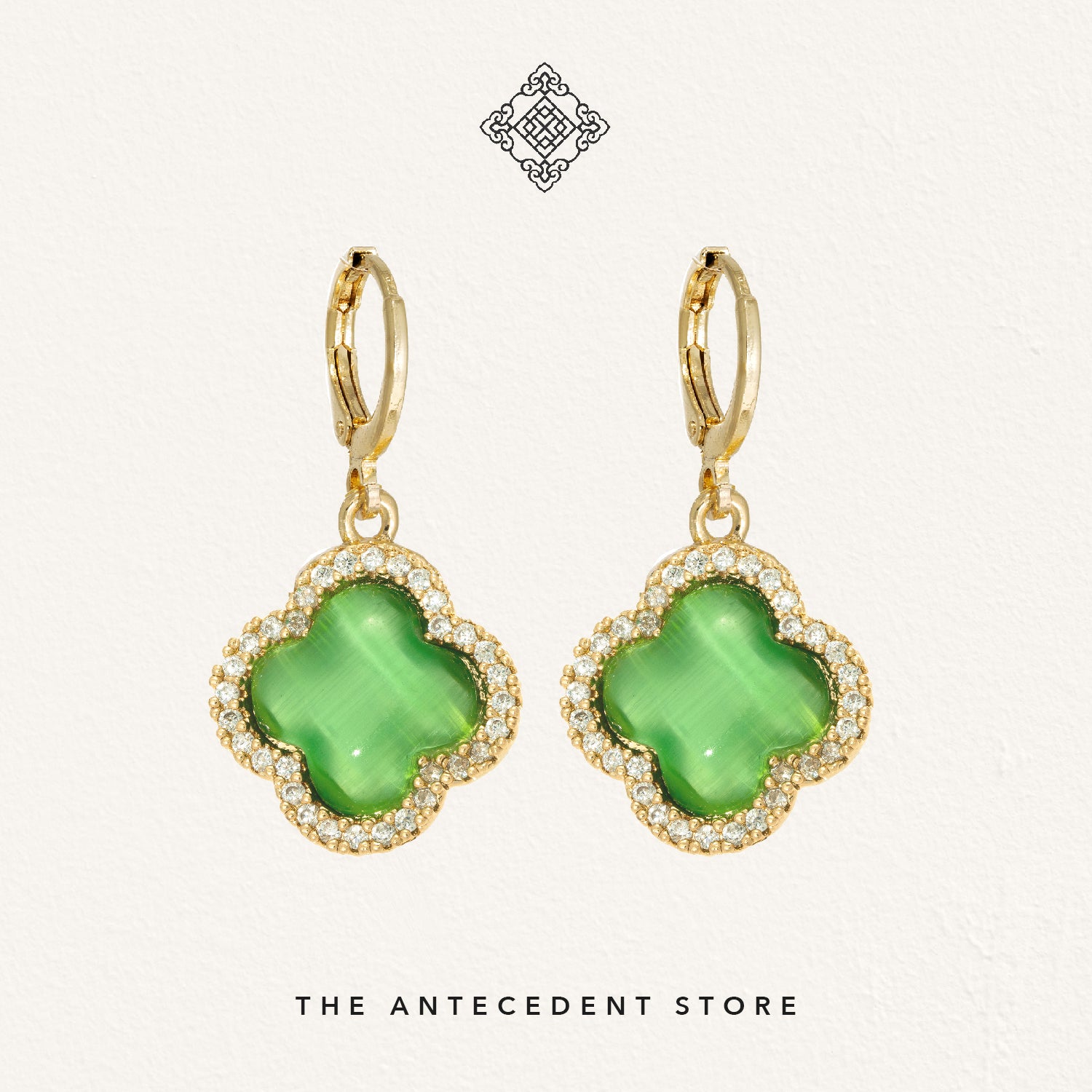 Green Cat Eye Stone With Cubic Zirconia Crystals Earrings - 14K Real Gold Plated Jewellery