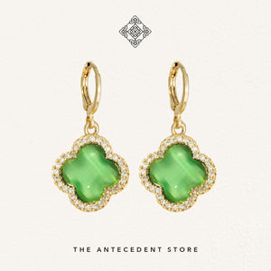 Green Cat Eye Stone With Cubic Zirconia Crystals Earrings - 14K Real Gold Plated Jewellery