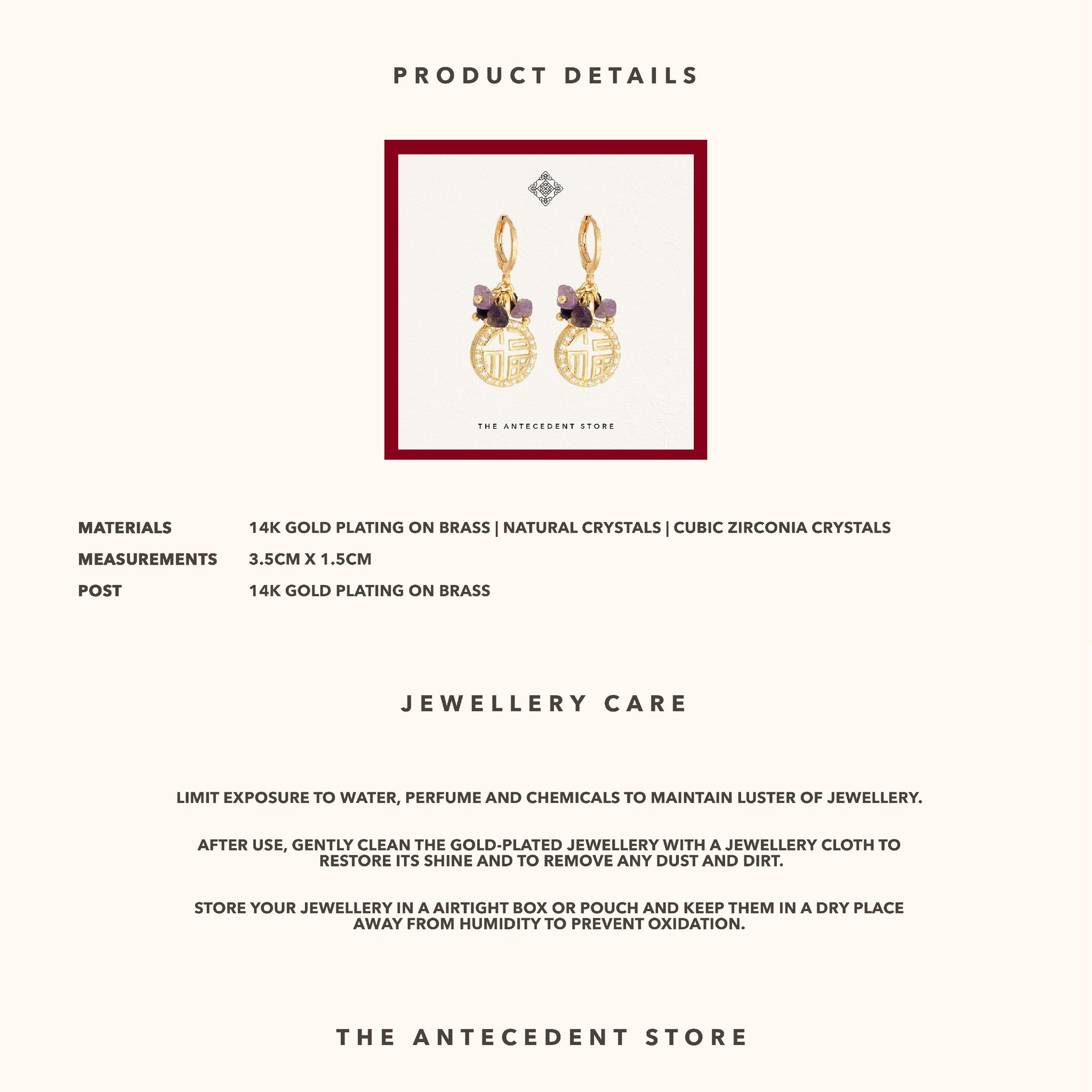 【 福 】Blessing Earrings With Amethyst Crystals - 14K Real Gold Plated Jewelry